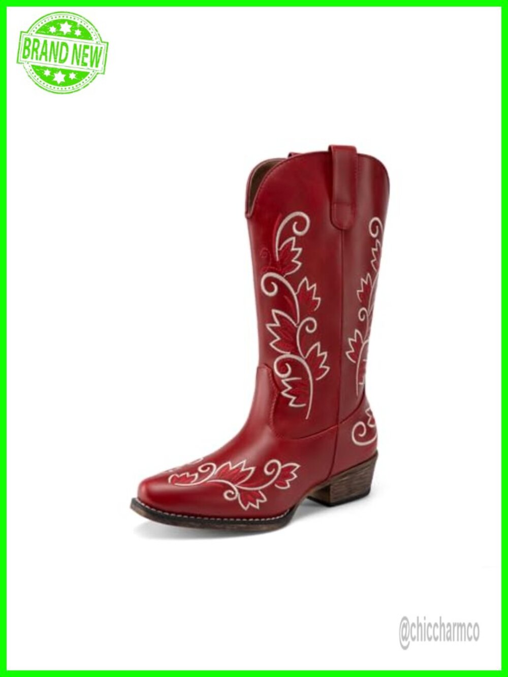 Faux Leather Cowboy Boots Square Toe Embroidered Mid Calf Western